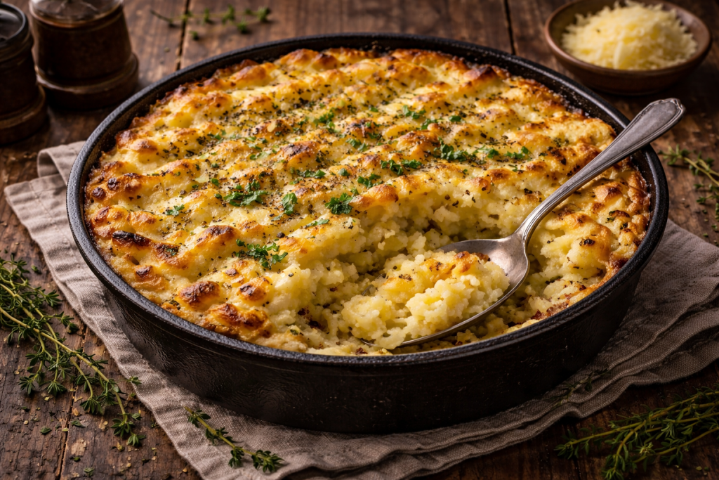 Rustic potato and cheese pie with a golden, crispy topping, served in a cast-iron dish on a wooden table with a spoon lifting a portion.